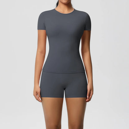 2 Piece Quick-Drying Gym Leggings Set Summer Short Sleeve Breathable Stretchy Yoga Slim Fitness Active Top Women's Cycling Bike Shorts The Clothing Company Sydney