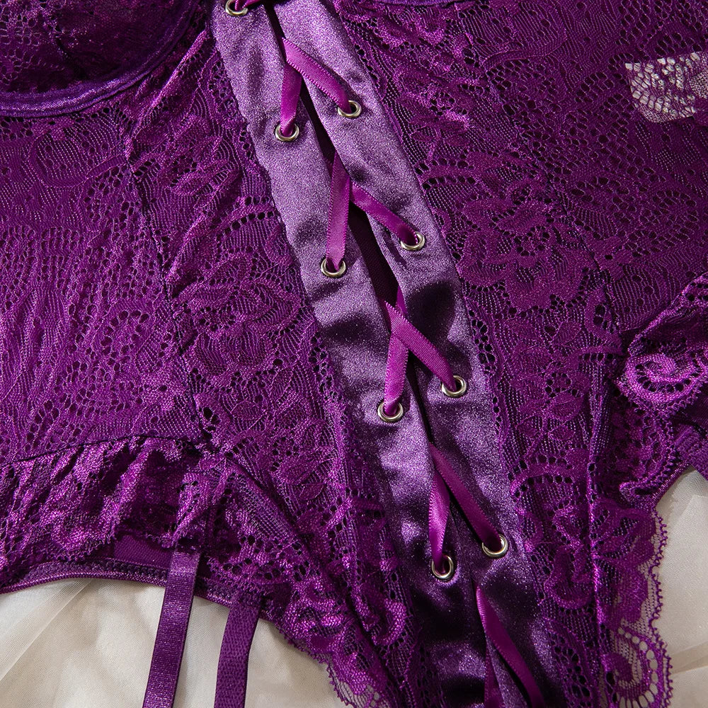 Lace Bodysuit Lace Up Costume Long Gloves Stocking See-Through Tights Lingerie Matching Outfit Set - The Clothing Company Sydney