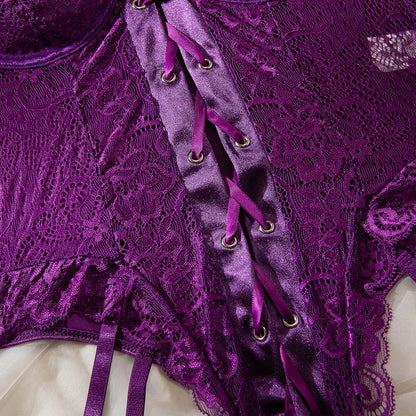 Lace Bodysuit Lace Up Costume Long Gloves Stocking See-Through Tights Lingerie Matching Outfit Set - The Clothing Company Sydney