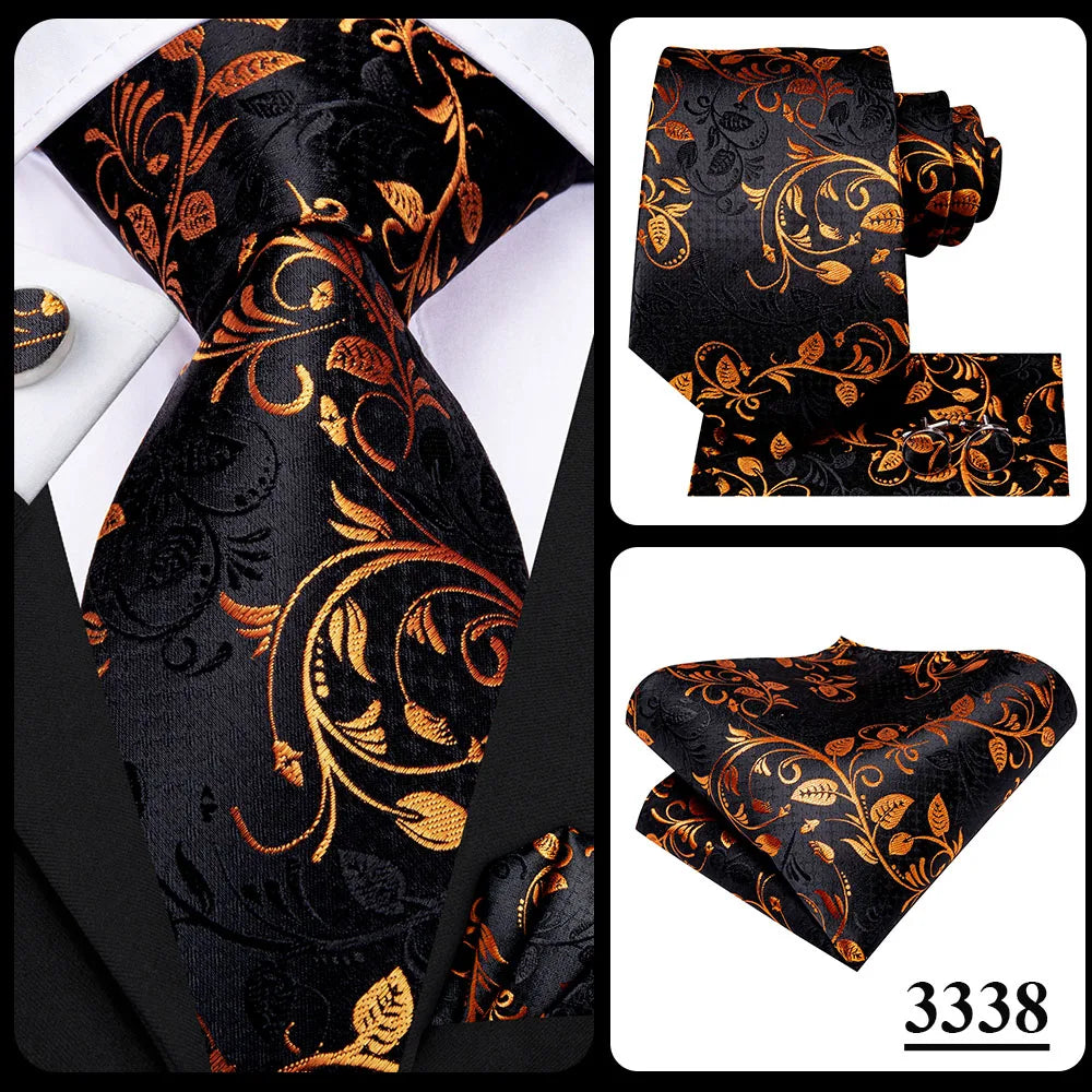 3 Piece Black Floral Silk Wedding Tie For Men Handky Cufflink Elegant Necktie Set For Men - The Clothing Company Sydney
