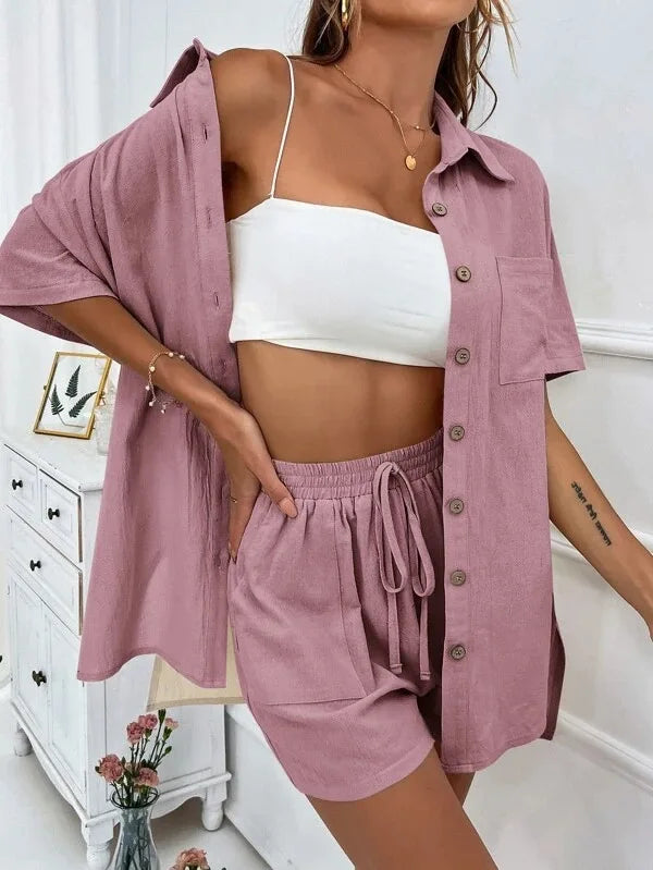 Casual Loose Single-breasted Top And Drawstring Shorts Set Fashion Ladies Suits Summer 2 Piece Set  Matching Outfits - The Clothing Company Sydney
