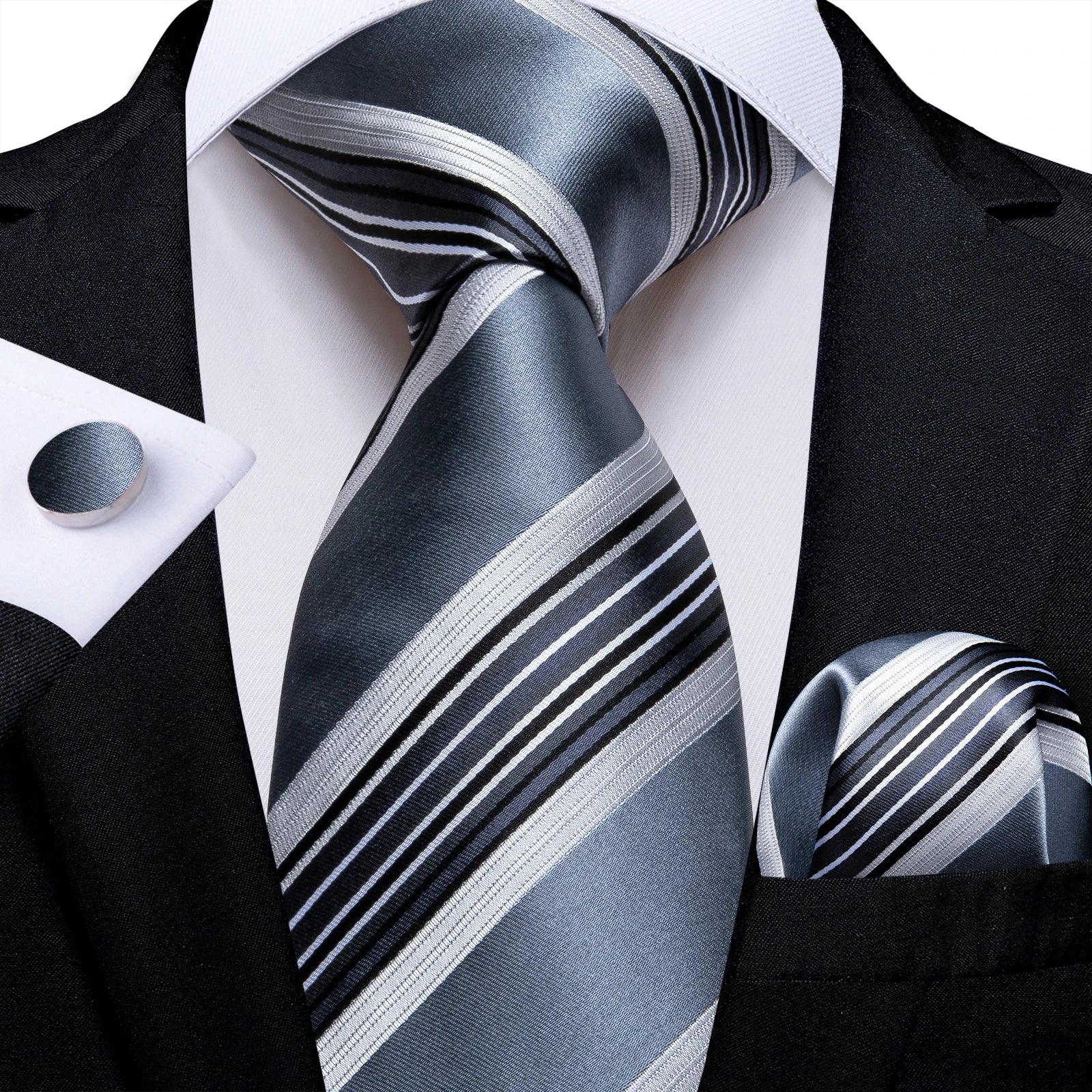 Designer Striped Silk Classic Ties For Men Wedding Accessories Gift For Men Neck Tie Set Pocket Square Cufflinks Set - The Clothing Company Sydney