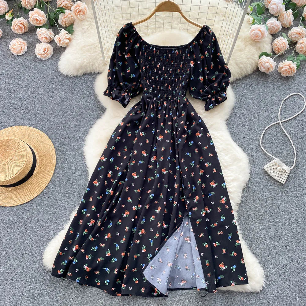 Women's Fashion Romantic Floral Print Split Long Summer Dress Puff Sleeve Party Dress - The Clothing Company Sydney