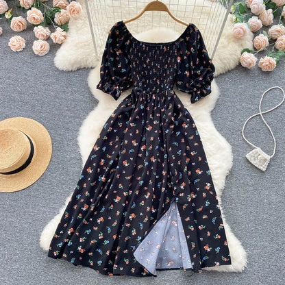 Women's Fashion Romantic Floral Print Split Long Summer Dress Puff Sleeve Party Dress - The Clothing Company Sydney
