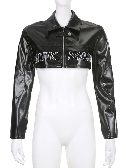 Streetwear Fashion Grunge Zip Up Black PU Leather Jacket Female Letter Embroidery Autumn Coat Motorcycle Jacket Crop Top The Clothing Company Sydney