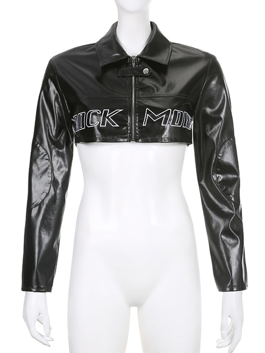 Streetwear Fashion Grunge Zip Up Black PU Leather Jacket Female Letter Embroidery Autumn Coat Motorcycle Jacket Crop Top The Clothing Company Sydney