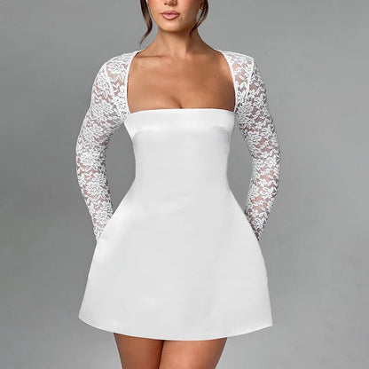 Lace Patchwork Waist Wrap A-line Mini Autumn Winter Dress Backless Club Party Evening Dresses - The Clothing Company Sydney