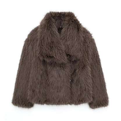Women's Fashion Cropped Faux Fur Jacket Coat Long Sleeve Front Snap-button Outerwear Chic Lapel Collar Thick Coat The Clothing Company Sydney