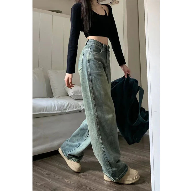 Vintage Baggy Straight Denim Trousers Y2K High Waist Loose Wide Leg Jeans Women Streetwear All-Match Casual Pants - The Clothing Company Sydney
