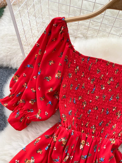 Women's Fashion Romantic Floral Print Split Long Summer Dress Puff Sleeve Party Dress - The Clothing Company Sydney