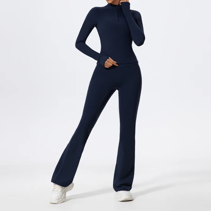 2 Piece Sports Suit Women Half Zipper Long Sleeves Slim Yoga Set Flared Activewear Gym Workout Sportswear The Clothing Company Sydney
