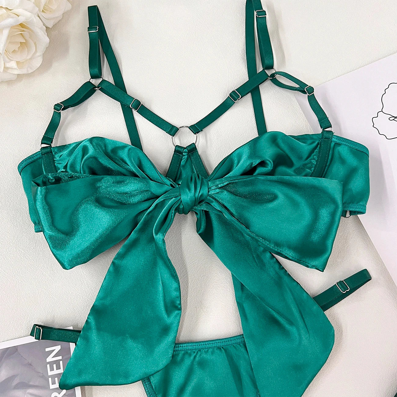 Bowknot Lingerie Open Bra Lace Up Underwear 3-Piece Satin Outfit Set The Clothing Company Sydney