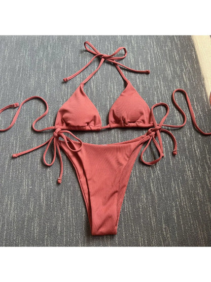 2 Piece Bathing Suit Ribbed Backless Pads Women Bikini Set Halter Triangle Bra Side Tie Thong Swimwear Set - The Clothing Company Sydney