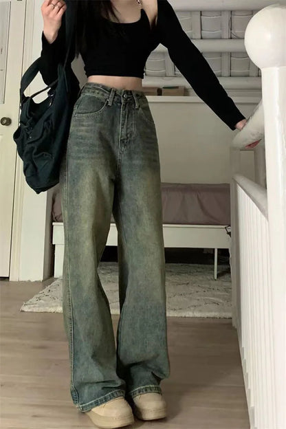 Vintage Baggy Straight Denim Trousers Y2K High Waist Loose Wide Leg Jeans Women Streetwear All-Match Casual Pants - The Clothing Company Sydney