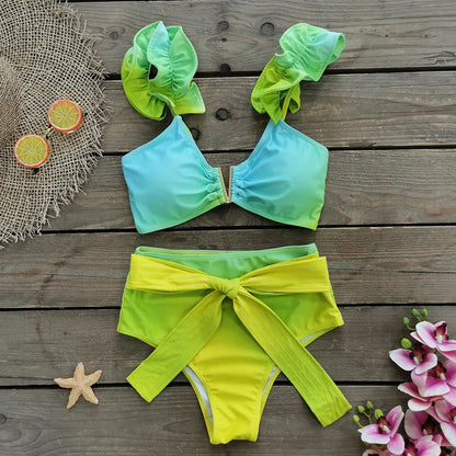 V-Neck High Waist Bikini Sets Shoulder Ruffled Printed Swimsuit Two Piece Swimwear Bathing Suits The Clothing Company Sydney