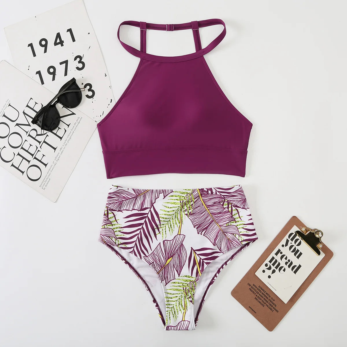 Light Purple High Waist Bikini High Neck Swimsuit Female Two Piece Swimwear Women Print Beach Wear Bathing Suit - The Clothing Company Sydney