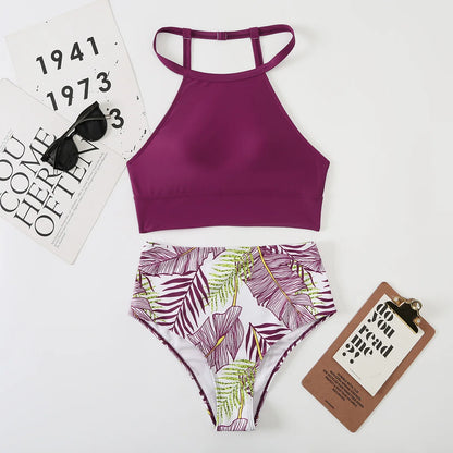 Light Purple High Waist Bikini High Neck Swimsuit Female Two Piece Swimwear Women Print Beach Wear Bathing Suit - The Clothing Company Sydney