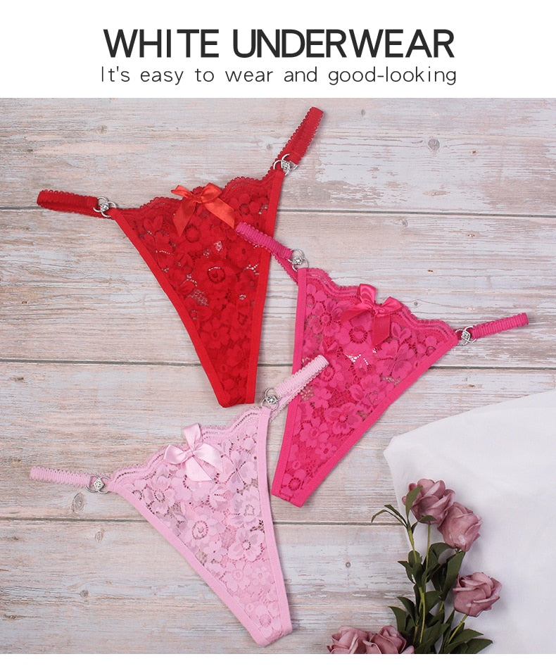 3 Piece Set Women's Lace Panties Perspective Underwear Low Waist Thin Strap Rhinestone Thong G-string Breathable Soft Lingerie The Clothing Company Sydney