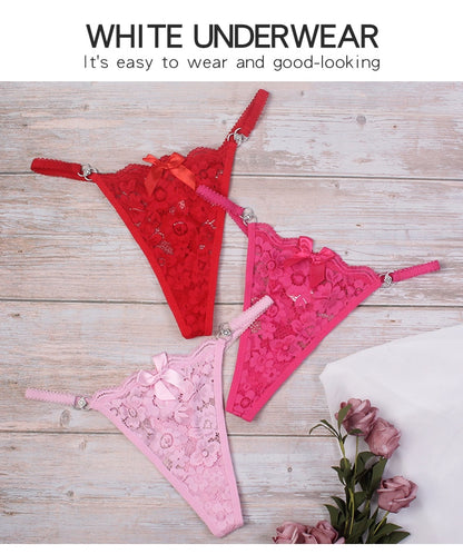 3 Piece Set Women's Lace Panties Perspective Underwear Low Waist Thin Strap Rhinestone Thong G-string Breathable Soft Lingerie The Clothing Company Sydney