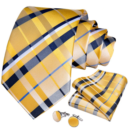 Yellow Striped Plaid Silk Ties For Men Handkerchief Cufflinks Brooch Pin Wedding Accessories Gift Set - The Clothing Company Sydney