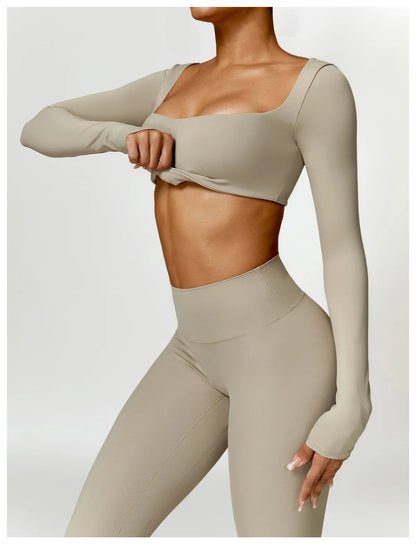2 Piece Long Sleeve Gym Set Women Yoga Clothes Quick-Drying Sportswear Running Leggings Workout Sports Crop Top Shorts - The Clothing Company Sydney