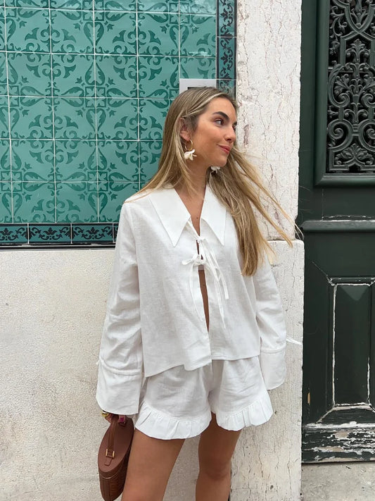Lace Up Bow Short Sets For Women's Solid V-neck Long Sleeve Blouse Ruffles Shorts Suit Spring Summer Matching Outfit Set - The Clothing Company Sydney