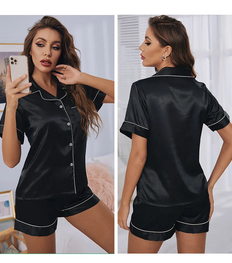 Womens Satin Pajamas Set Short Sleeve Two piece Pj Sets Sleepwear Loungewear Button-Down Pyjama Set The Clothing Company Sydney
