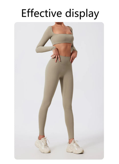 2 Piece Long Sleeve Gym Set Women Yoga Clothes Quick-Drying Sportswear Running Leggings Workout Sports Crop Top Shorts - The Clothing Company Sydney