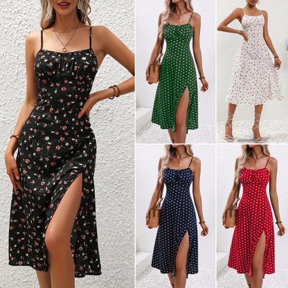 Summer Polka Dot Printed Women's Elegant Square Neck Sleeveless Chiffon Long Beach Dress The Clothing Company Sydney
