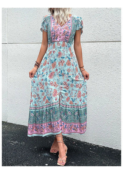 Short Sleeves V Neck Vintage Floral Boho Printed Slit Midi Dresses A Line Bohemian Summer Beach Dress - The Clothing Company Sydney