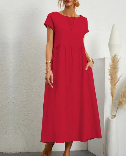 Women's Elegant Dress Summer Short Sleeve O-Neck Vintage Cotton Linen Comfortable Loose Pocket Long Dress - The Clothing Company Sydney