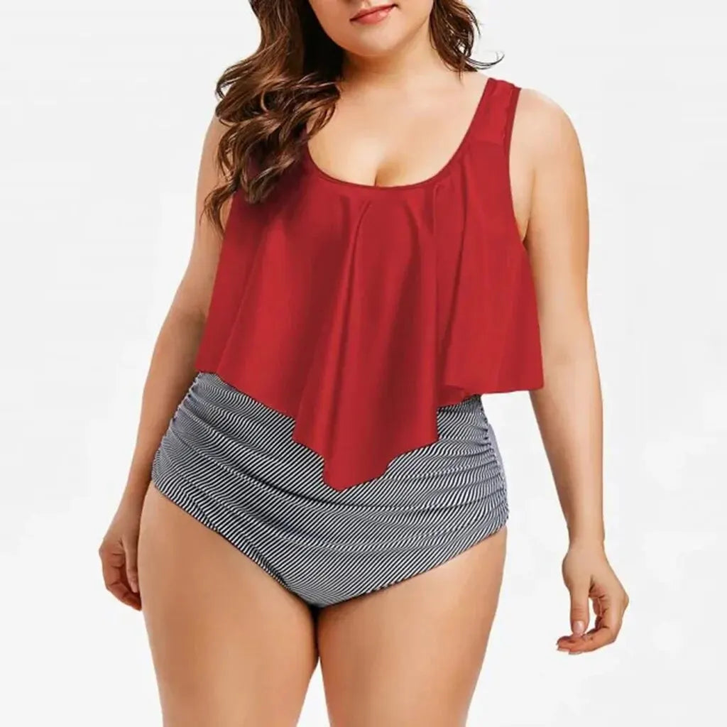 2 Piece Plus Size Swimsuit New Bikini High Waist Ruffle Edge Printed Striped Split Bikini Swimwear The Clothing Company Sydney