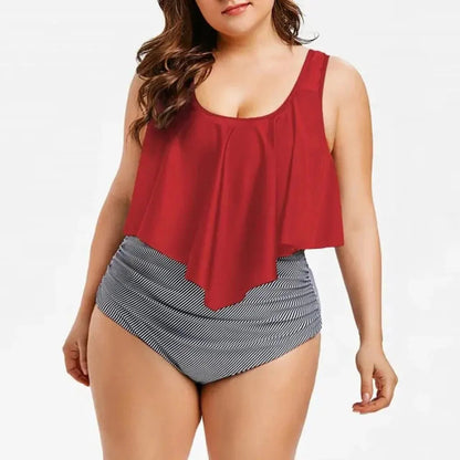 2 Piece Plus Size Swimsuit New Bikini High Waist Ruffle Edge Printed Striped Split Bikini Swimwear The Clothing Company Sydney