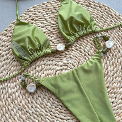 2 Piece Green Swimwear Halter Triangle Bead String Bikini Mini Micro Thong Swimsuit Summer Brazilian Bikinis Sets The Clothing Company Sydney