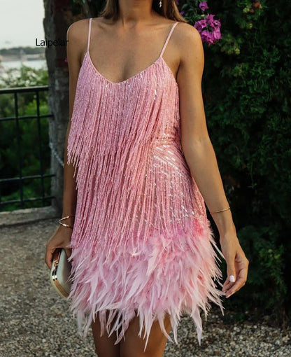 Summer Pink Party Dress Evening Luxury Women's Tassel Fringed Bodycon Dress Club Outfit - The Clothing Company Sydney