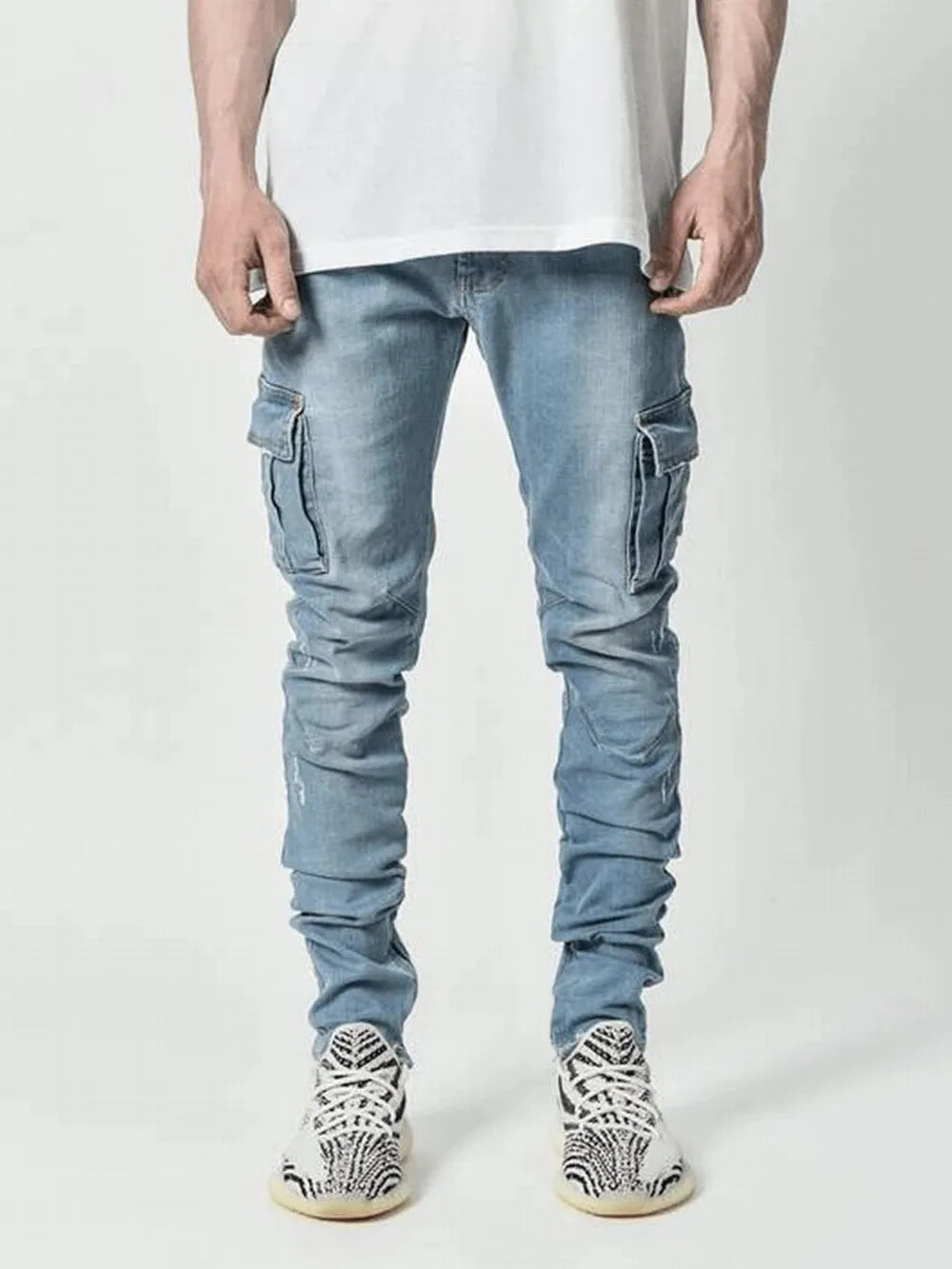 Men's Street Elastic Jeans Denim Cargo Pants Wash Solid Colour Multi Pockets Casual Mid Waist Trousers Slim Fit Daily Wear Joggers The Clothing Company Sydney