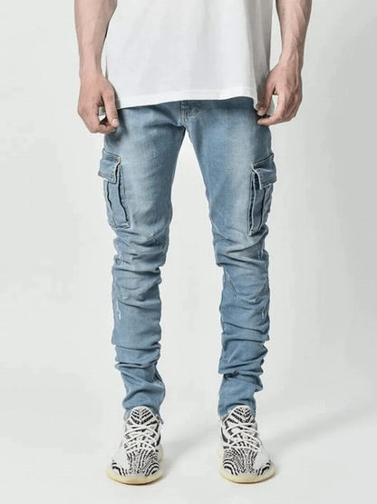 Men's Street Elastic Jeans Denim Cargo Pants Wash Solid Colour Multi Pockets Casual Mid Waist Trousers Slim Fit Daily Wear Joggers The Clothing Company Sydney