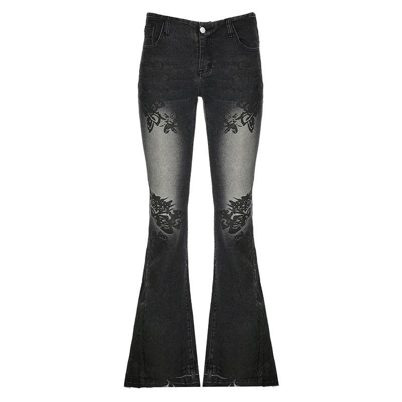 Vintage Floral Skinny Flare Jeans Denim Low Rise Y2K Chic Women's Trousers Distressed Gothic Pants The Clothing Company Sydney