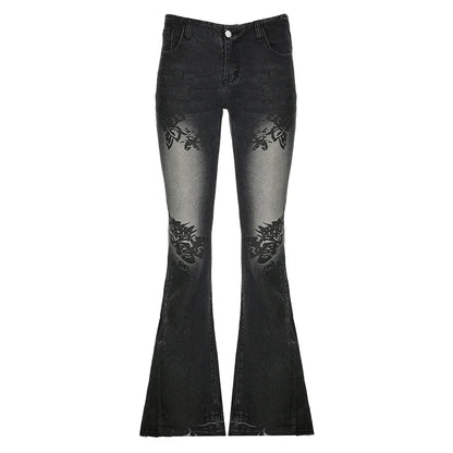 Vintage Floral Skinny Flare Jeans Denim Low Rise Y2K Chic Women's Trousers Distressed Gothic Pants The Clothing Company Sydney