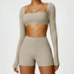 2 Piece Long Sleeve Gym Set Women Yoga Clothes Quick-Drying Sportswear Running Leggings Workout Sports Crop Top Shorts