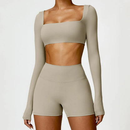 2 Piece Long Sleeve Gym Set Women Yoga Clothes Quick-Drying Sportswear Running Leggings Workout Sports Crop Top Shorts - The Clothing Company Sydney