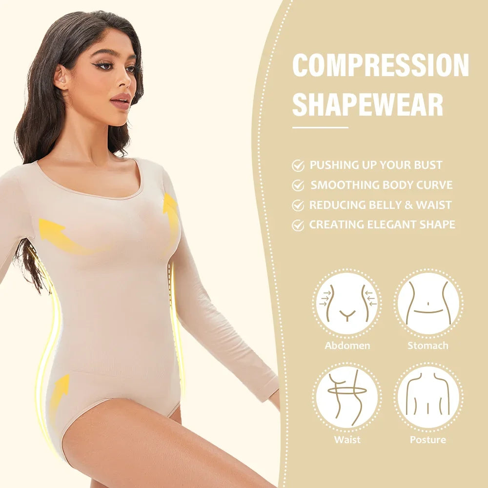 Spandex Elastic Body Suit Shapewear Women Body Shaper Long Sleeve Round Neck Seamless Shapers