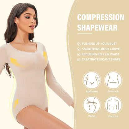 Spandex Elastic Body Suit Shapewear Women Body Shaper Long Sleeve Round Neck Seamless Shapers - The Clothing Company Sydney