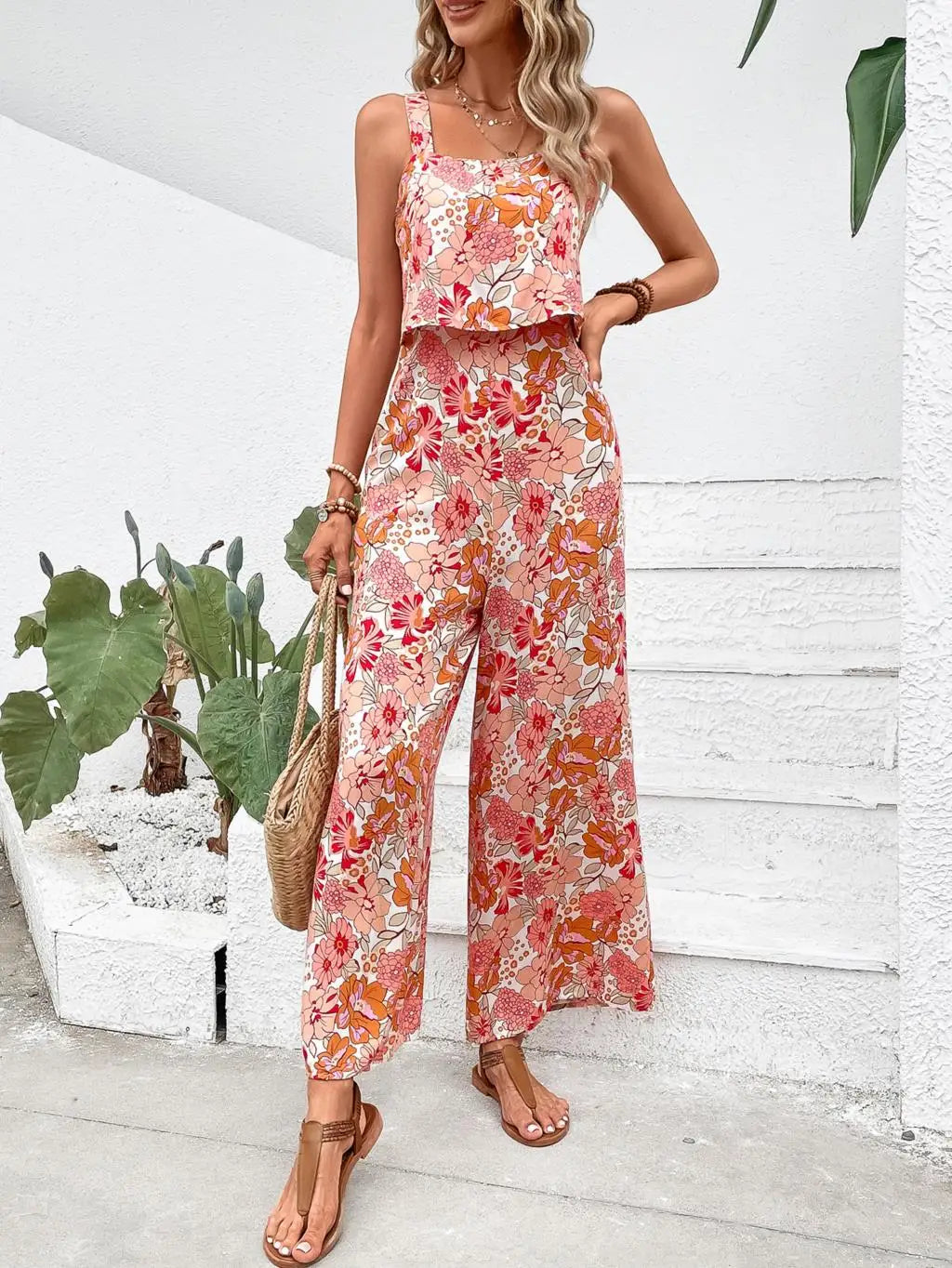 Elegant Long Women's Backless Wide Leg Jumpsuits Casual Sleeveless Floral Rompers Summer Matching Outfit Set - The Clothing Company Sydney