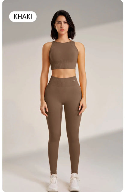 Yoga Matching Outfit Set Women's High Waist Leggings and Top Two Piece Seamless Fitness Exercise Fitness Workout Activewear - The Clothing Company Sydney