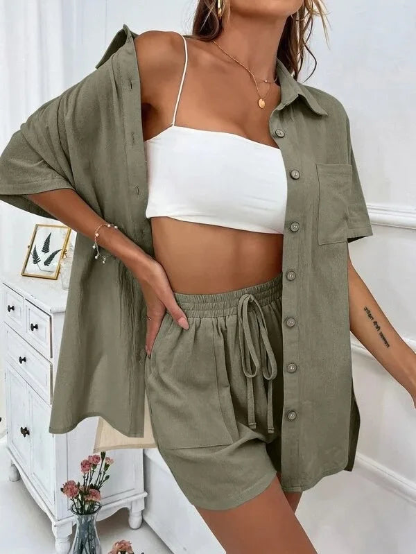 Casual Loose Single-breasted Top And Drawstring Shorts Set Fashion Ladies Suits Summer 2 Piece Set  Matching Outfits - The Clothing Company Sydney