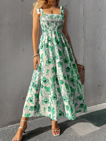 Floral Long Dress Women's Backless Sleeveless Bandage Beach Sundress Casual Green Summer Ladies Dresses - The Clothing Company Sydney