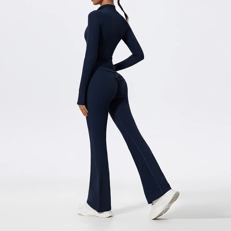 2 Piece Sports Suit Women Half Zipper Long Sleeves Slim Yoga Set Flared Activewear Gym Workout Sportswear The Clothing Company Sydney