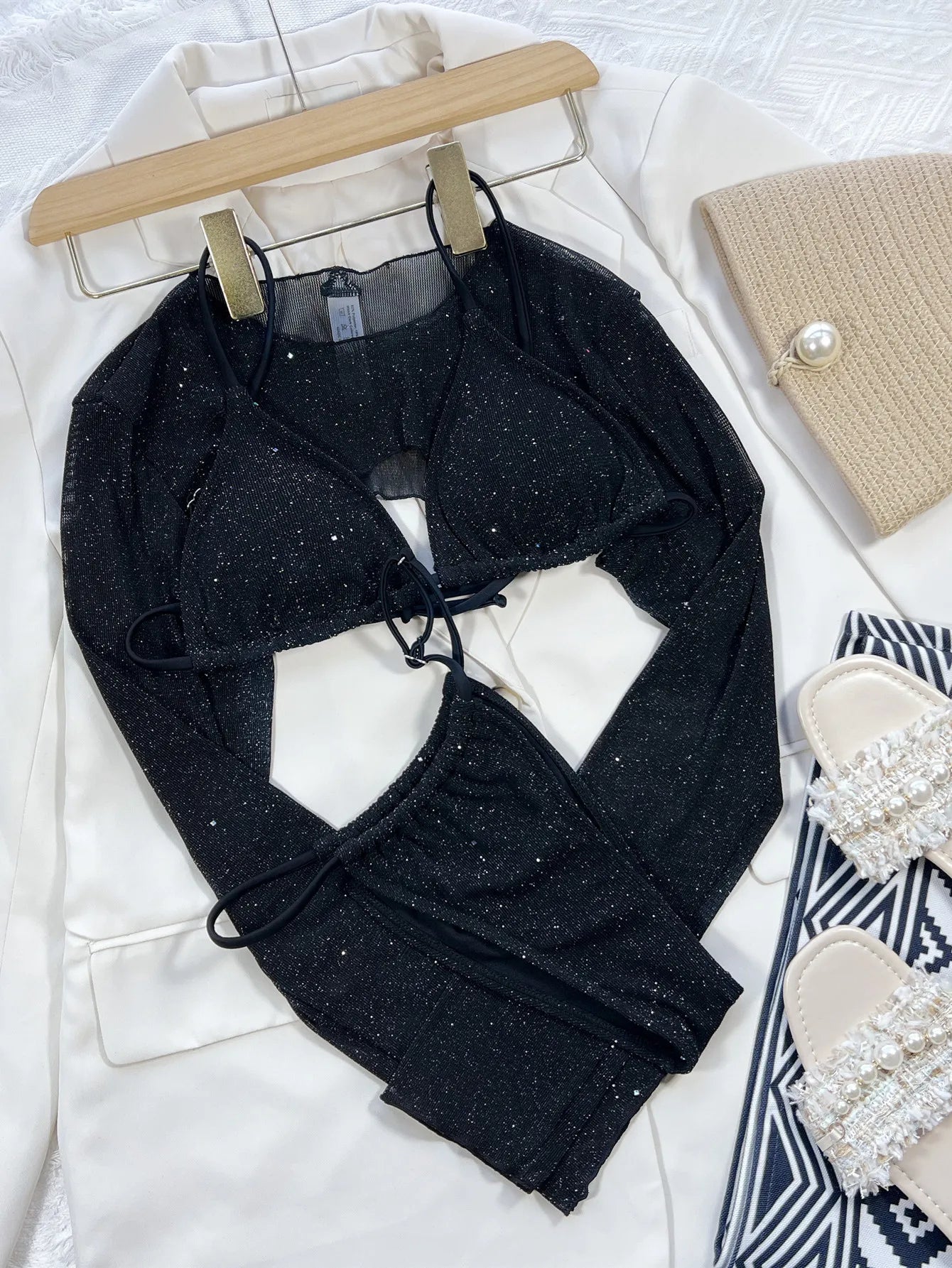 Women's Swimsuits Mesh Cover Up 3 Three-piece Shiny Bikini Set Triangle Swimsuit Micro Thong Swimwear The Clothing Company Sydney