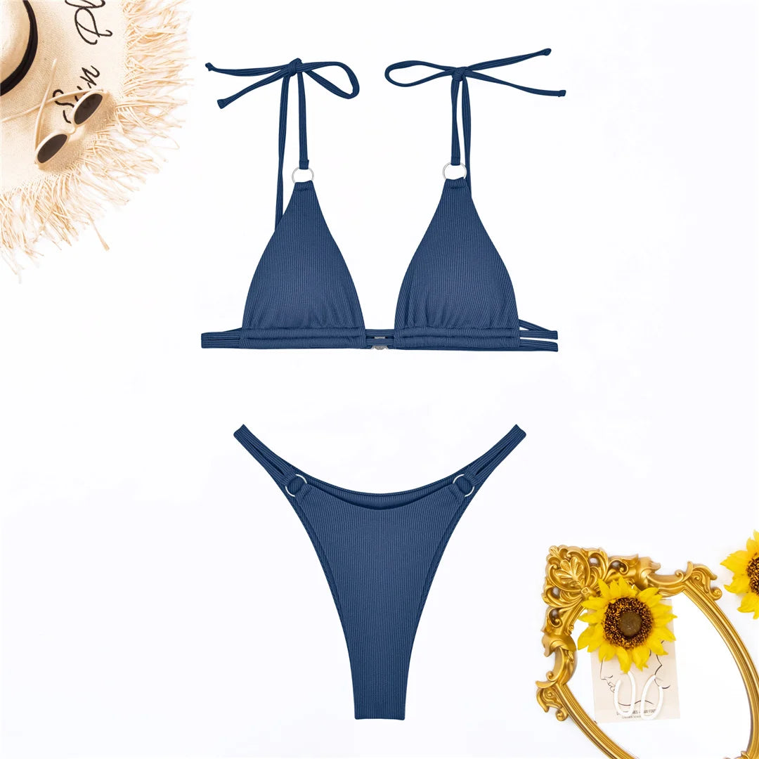 Ribbed High Leg Cut Bikini Swimwear Swimsuit Two-piece Bikini set Bather Bathing Suit - The Clothing Company Sydney